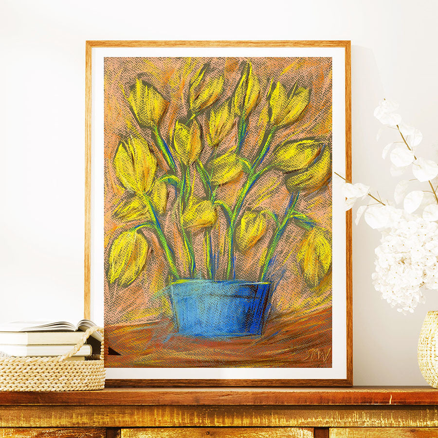 EXOTIC FLOWERS IN A BLUE POT floral art print