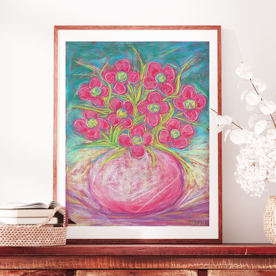 PINK FLOWERS IN A ROUND BOWL floral art print
