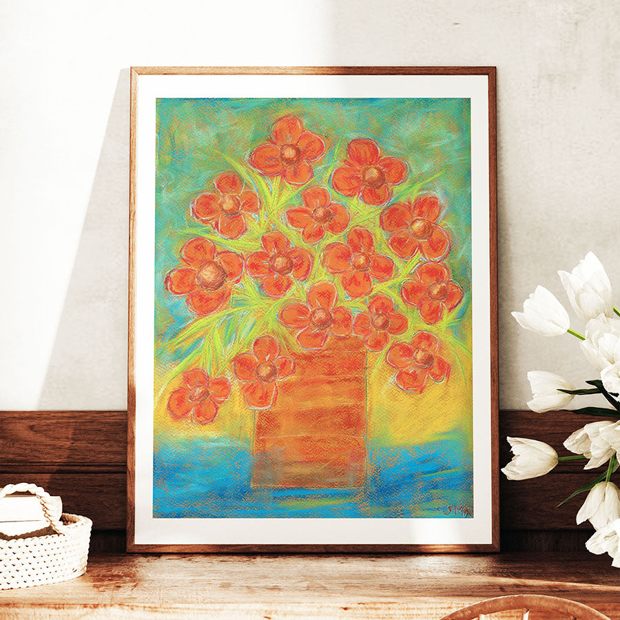ORANGE FLOWERS IN A STRAIGHT VASE floral art print