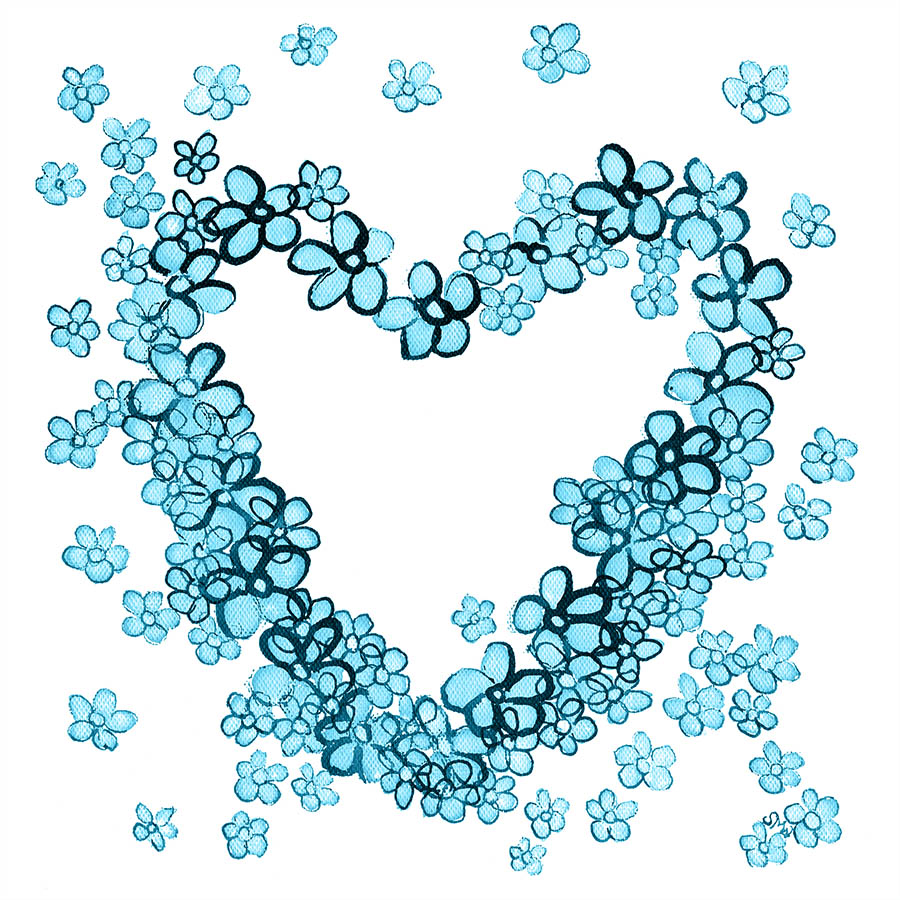 BLUE FLORAL HEART floral art print
