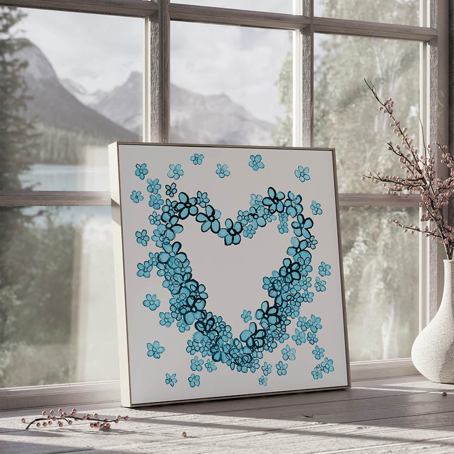 BLUE FLORAL HEART floral art print