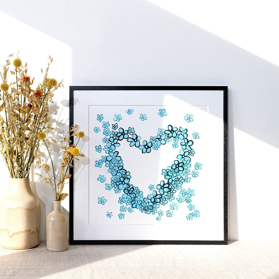 BLUE FLORAL HEART floral art print