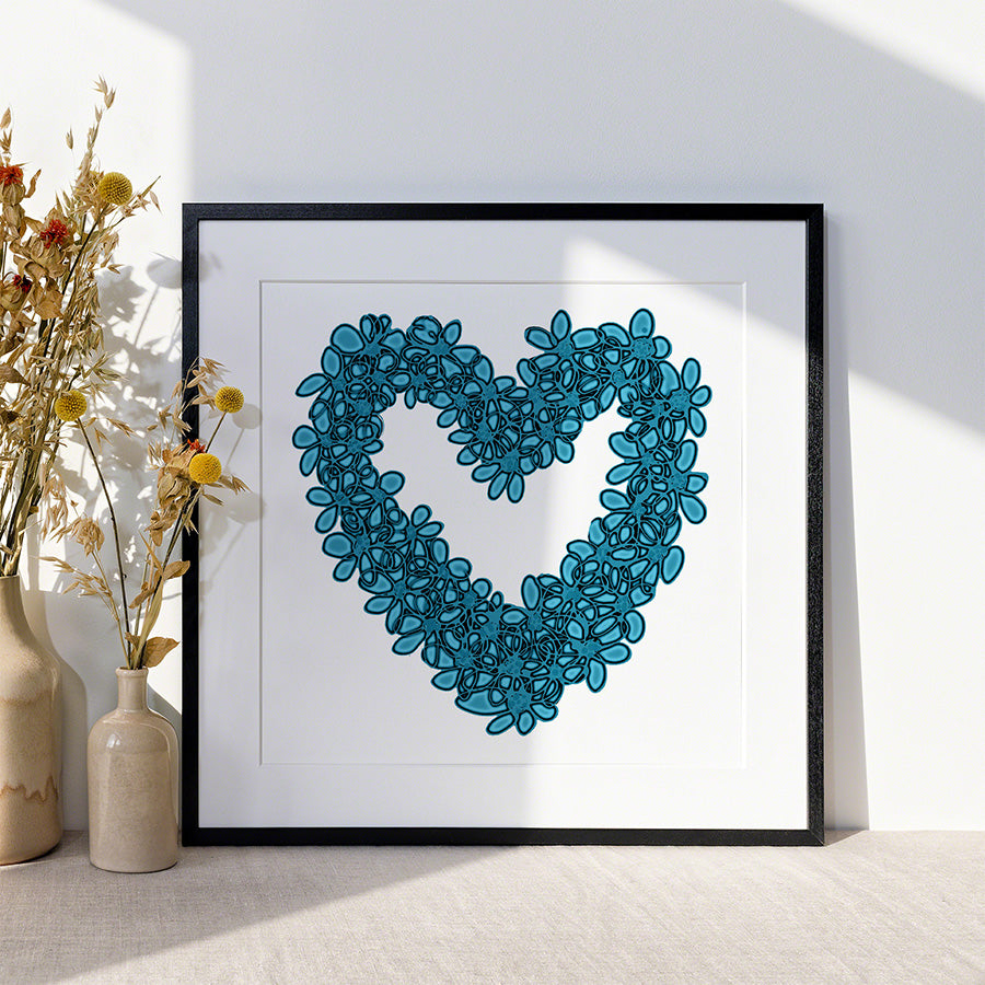 BLUE SEAGLASS HEART floral art print