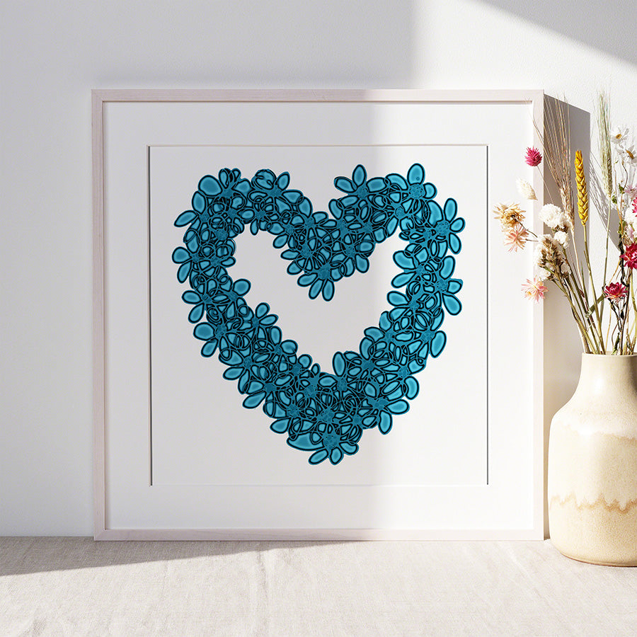 BLUE SEAGLASS HEART floral art print