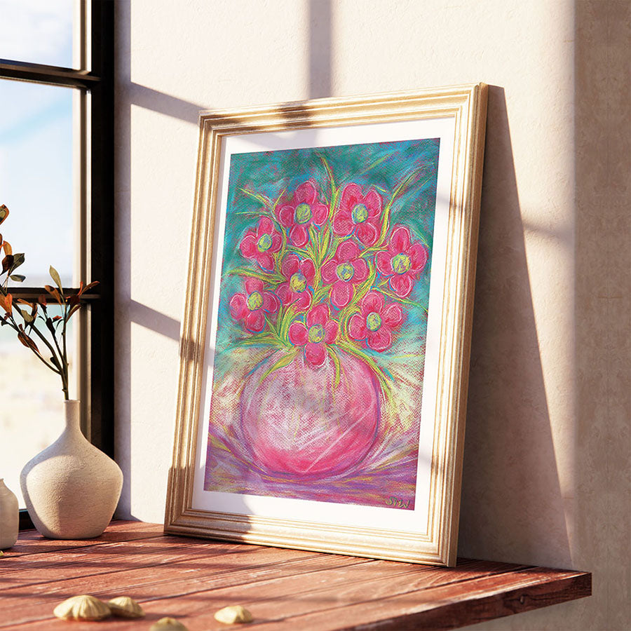 PINK FLOWERS IN A ROUND BOWL floral art print