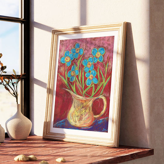 BLUE FLOWERS IN A GOLD JUG floral art print