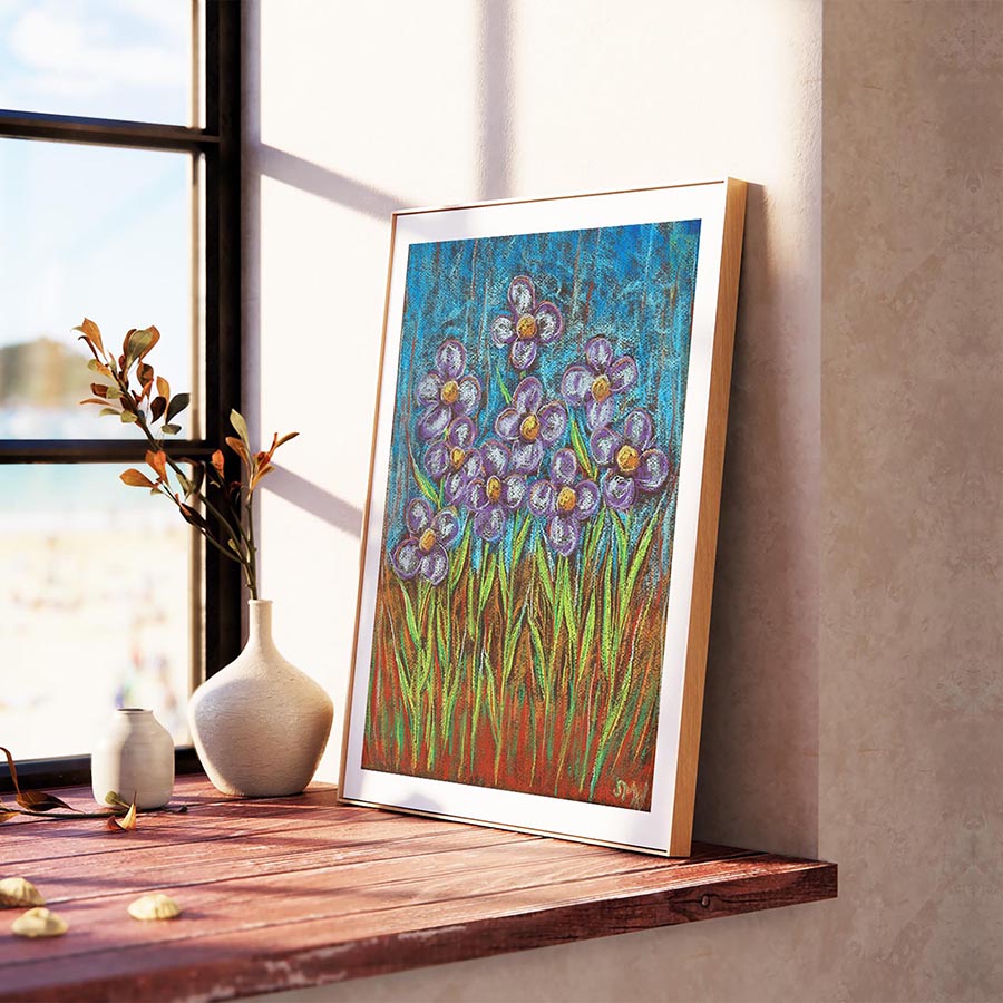 PURPLE FLOWERS ON A BLUE DAY floral art print