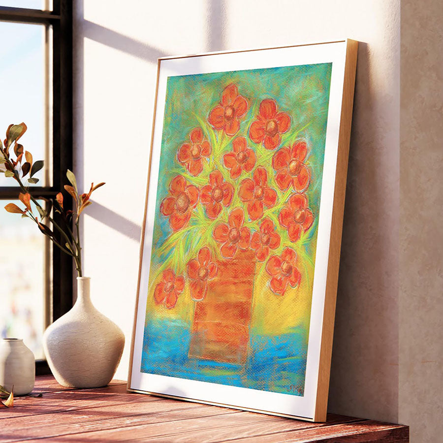 ORANGE FLOWERS IN A STRAIGHT VASE floral art print