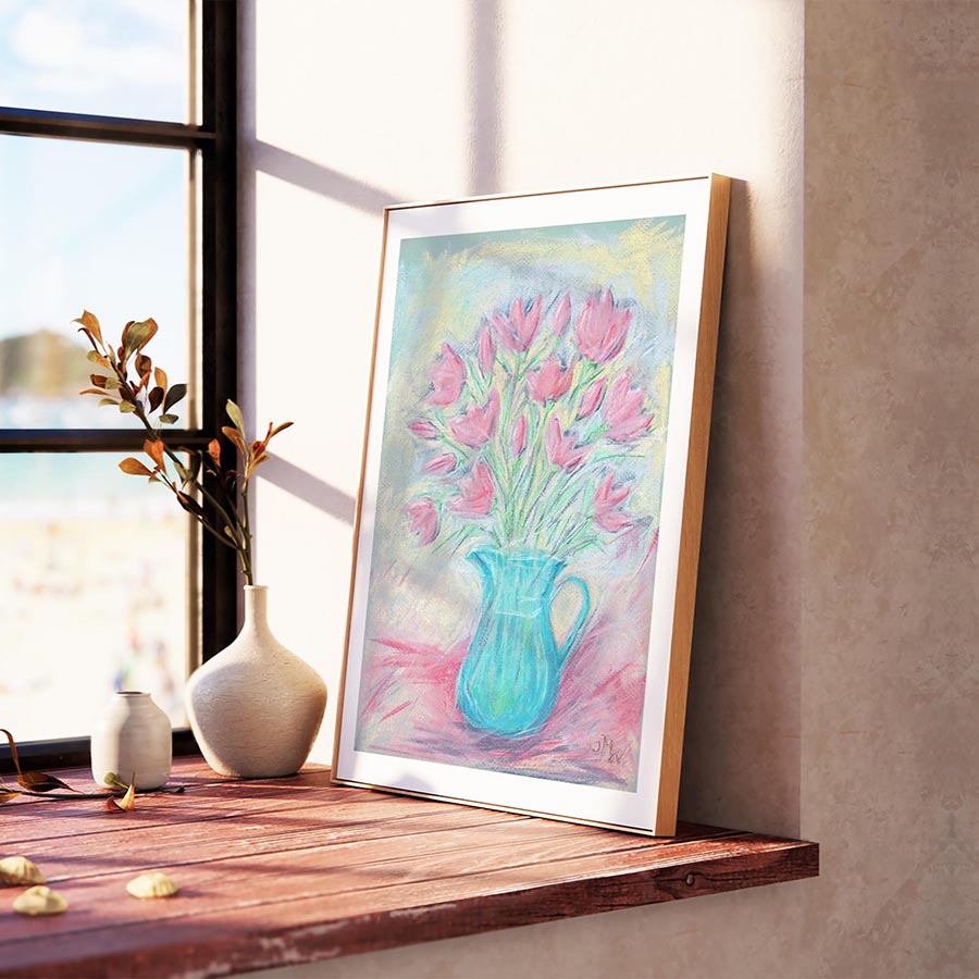 DELICATE PINK FLOWERS IN A BLUE GLASS JUG floral art print