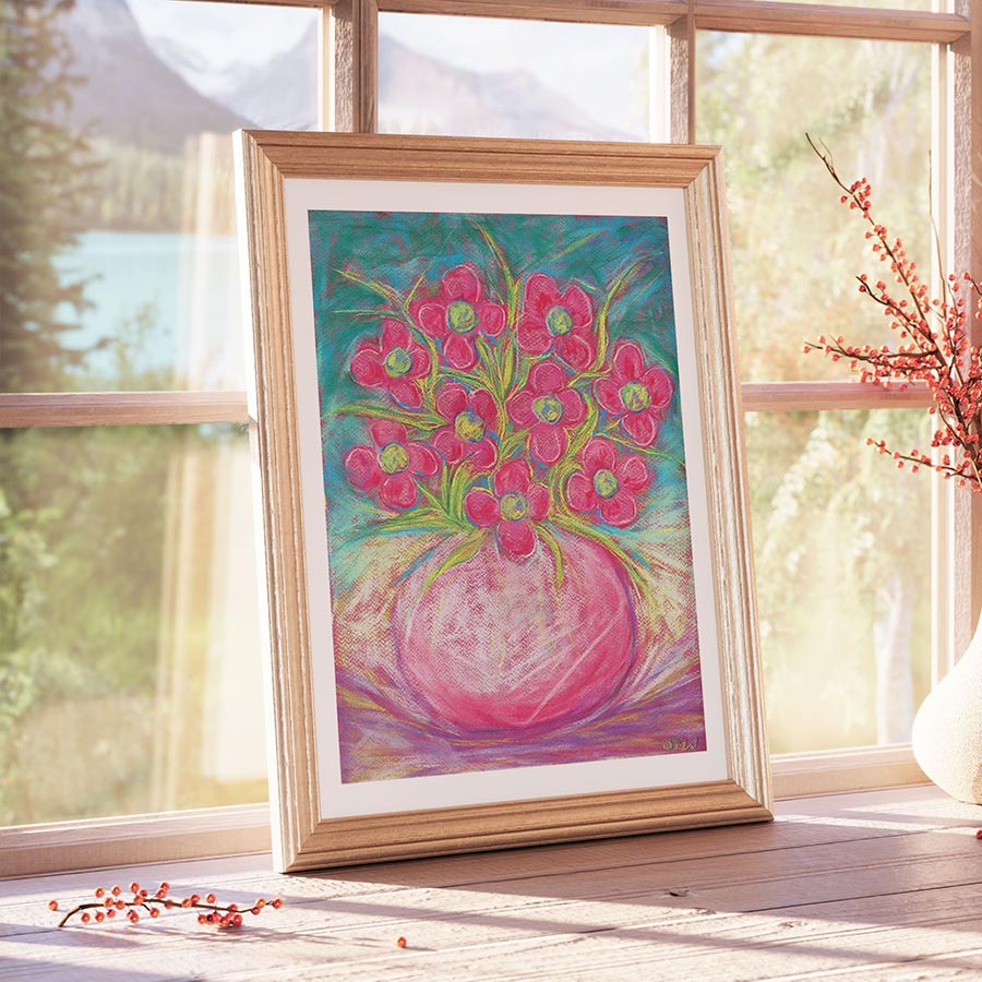 PINK FLOWERS IN A ROUND BOWL floral art print