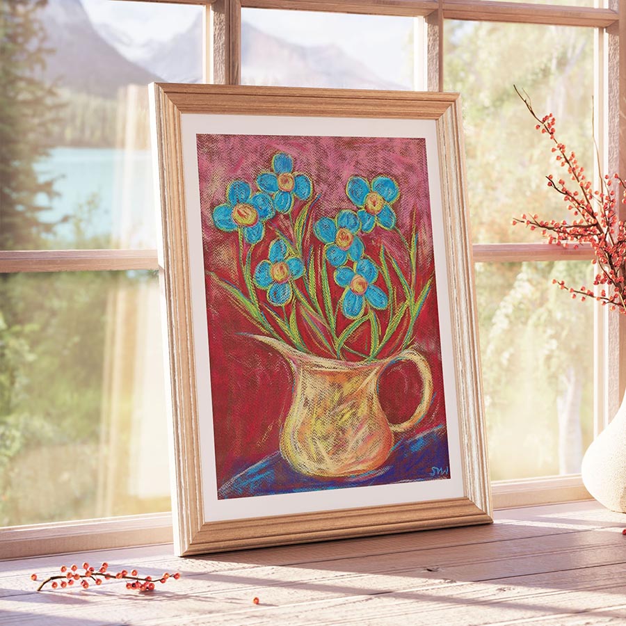 BLUE FLOWERS IN A GOLD JUG floral art print
