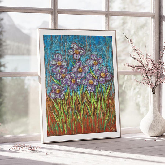 PURPLE FLOWERS ON A BLUE DAY floral art print