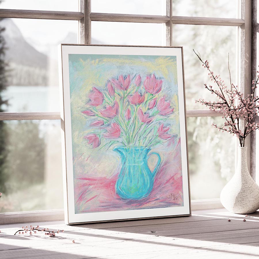 DELICATE PINK FLOWERS IN A BLUE GLASS JUG floral art print