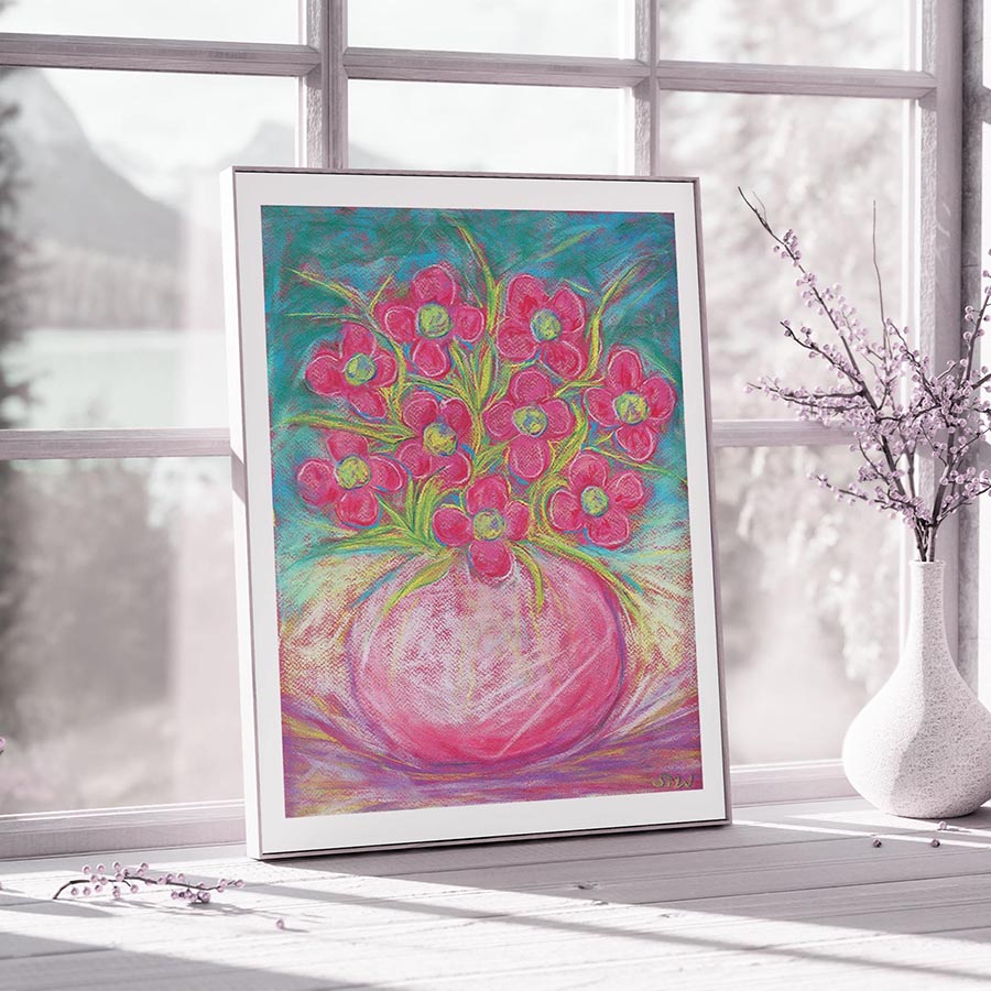 PINK FLOWERS IN A ROUND BOWL floral art print