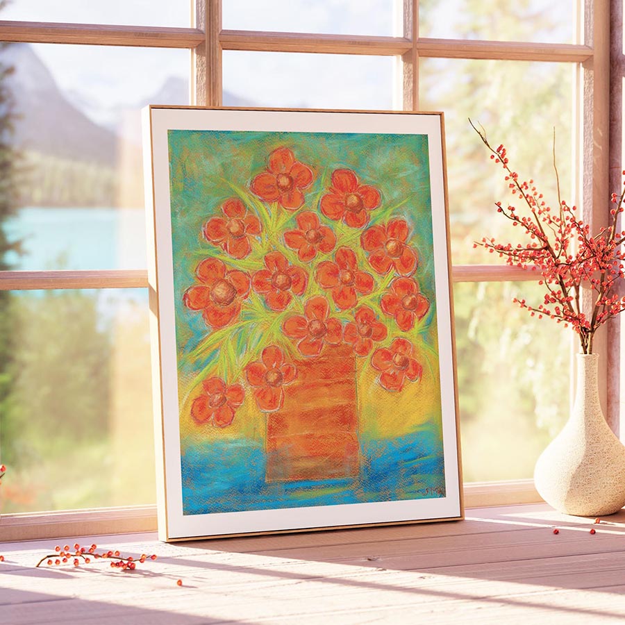 ORANGE FLOWERS IN A STRAIGHT VASE floral art print