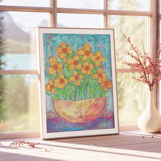 YELLOW FLOWERS IN A TERRACOTTA BOWL floral art print