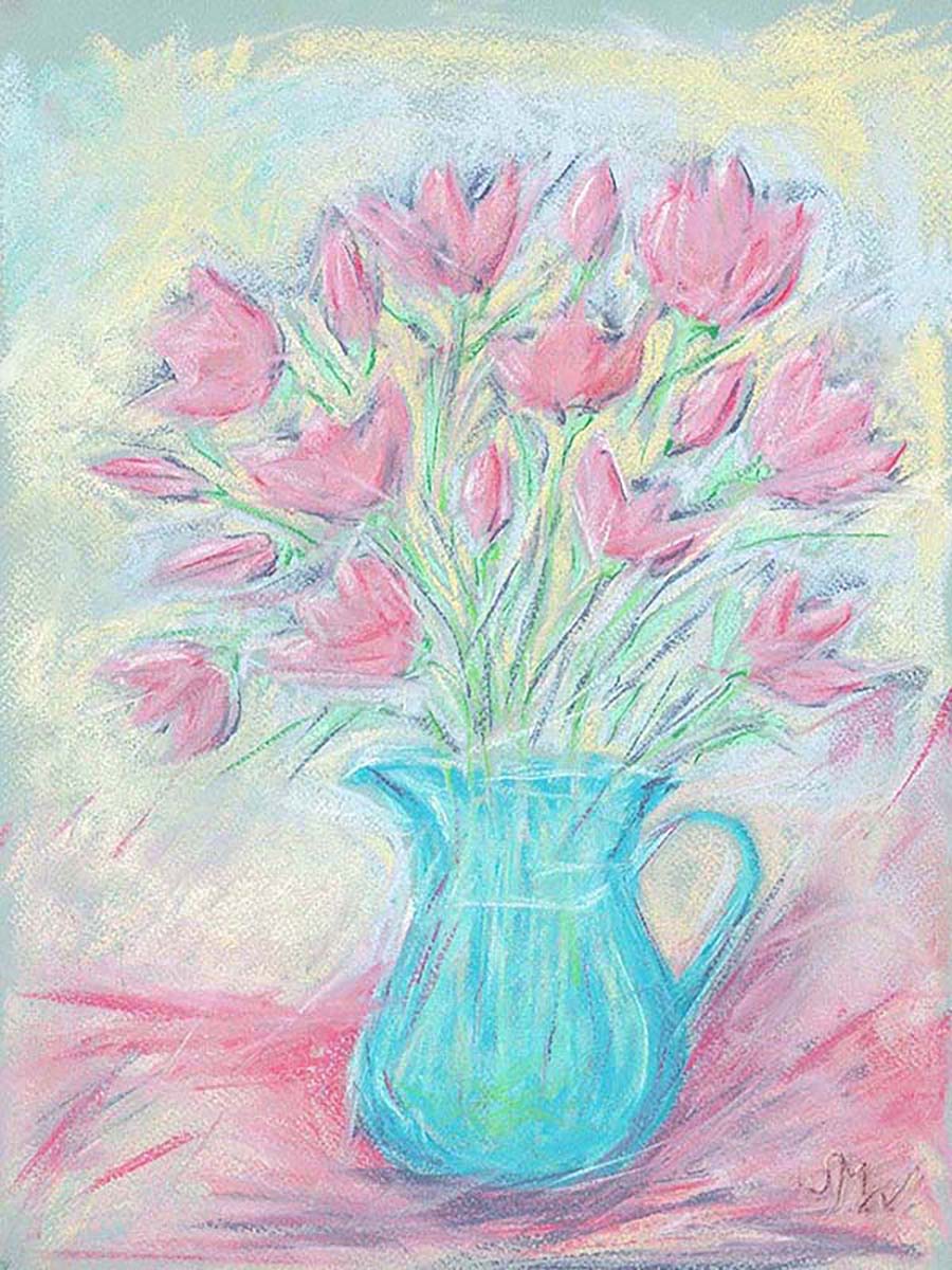 DELICATE PINK FLOWERS IN A BLUE GLASS JUG floral art print