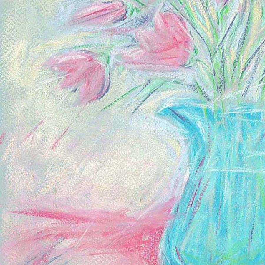 DELICATE PINK FLOWERS IN A BLUE GLASS JUG floral art print