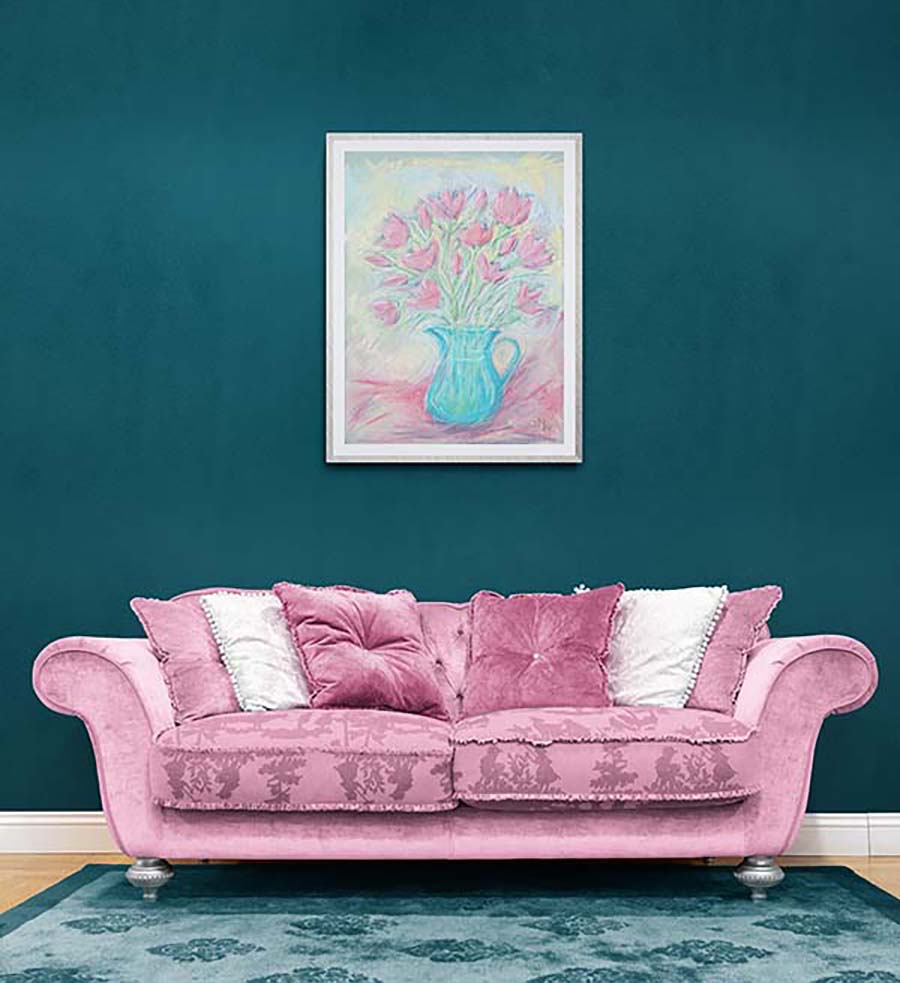 DELICATE PINK FLOWERS IN A BLUE GLASS JUG floral art print