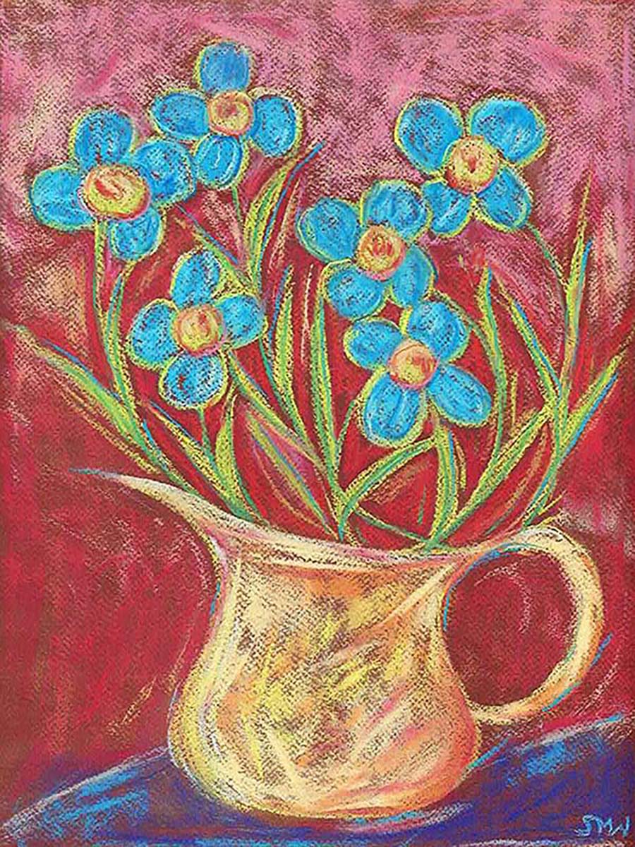 BLUE FLOWERS IN A GOLD JUG floral art print
