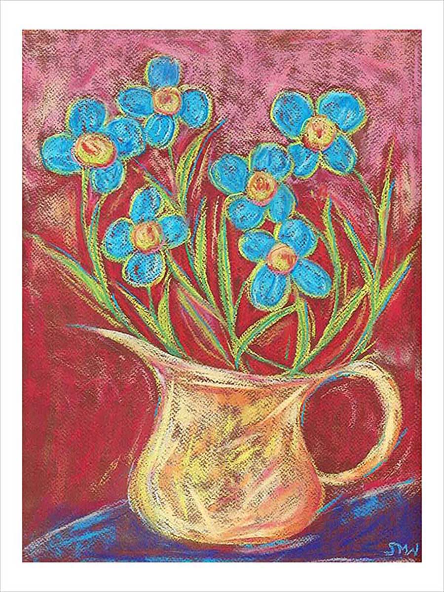 BLUE FLOWERS IN A GOLD JUG floral art print