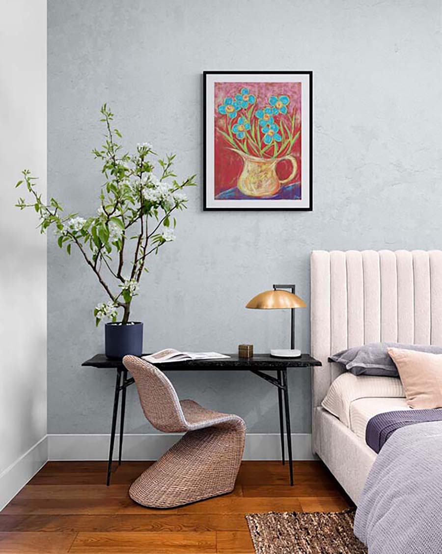 BLUE FLOWERS IN A GOLD JUG floral art print