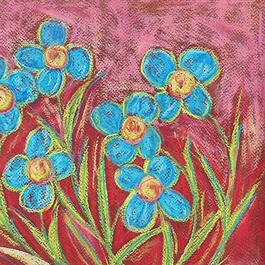 BLUE FLOWERS IN A GOLD JUG floral art print