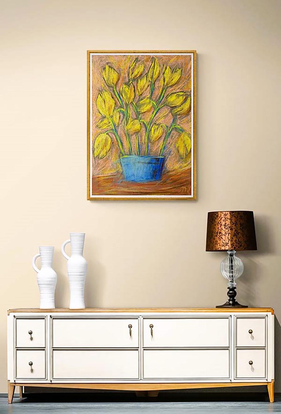 EXOTIC FLOWERS IN A BLUE POT floral art print