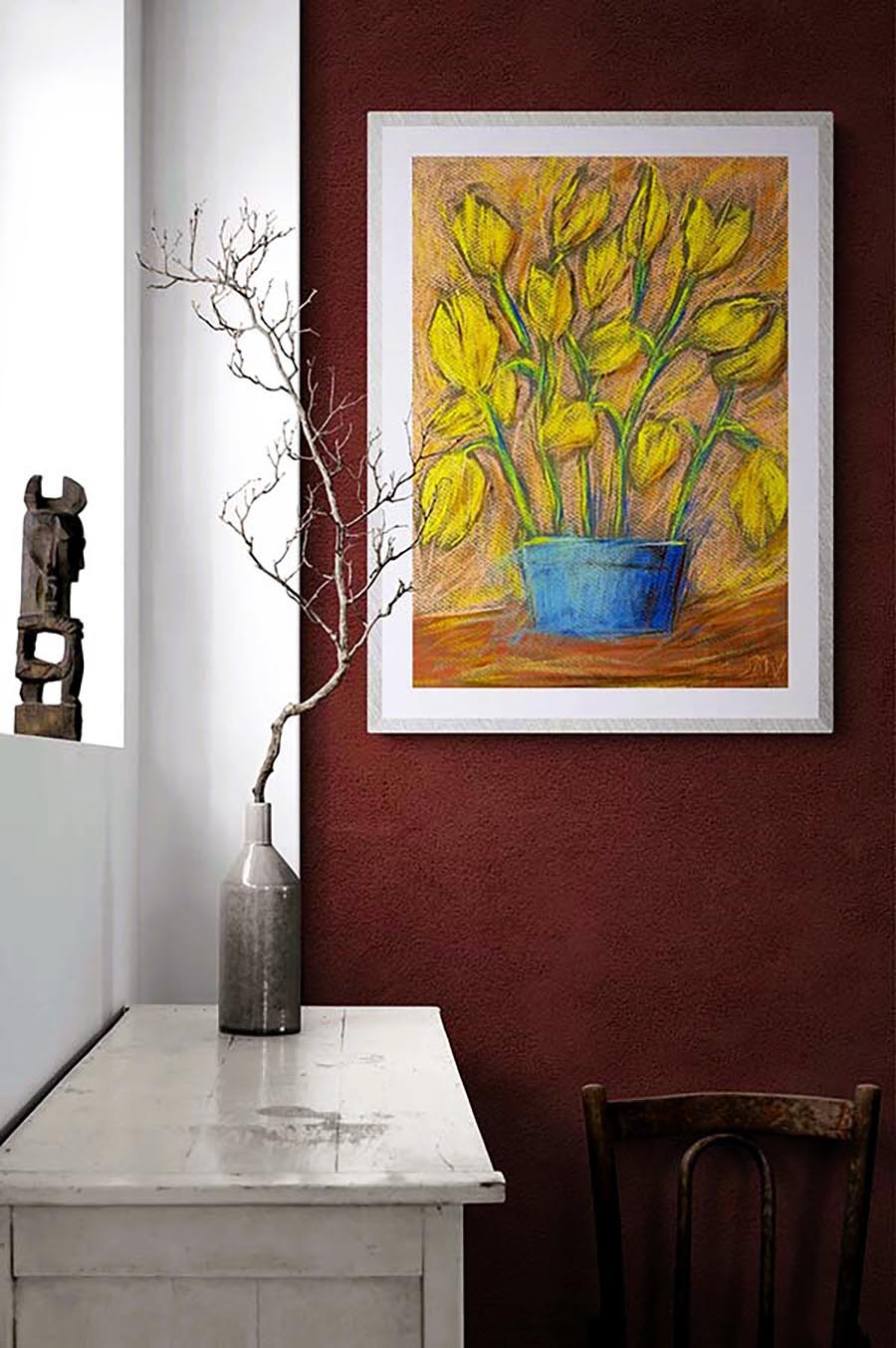 EXOTIC FLOWERS IN A BLUE POT floral art print