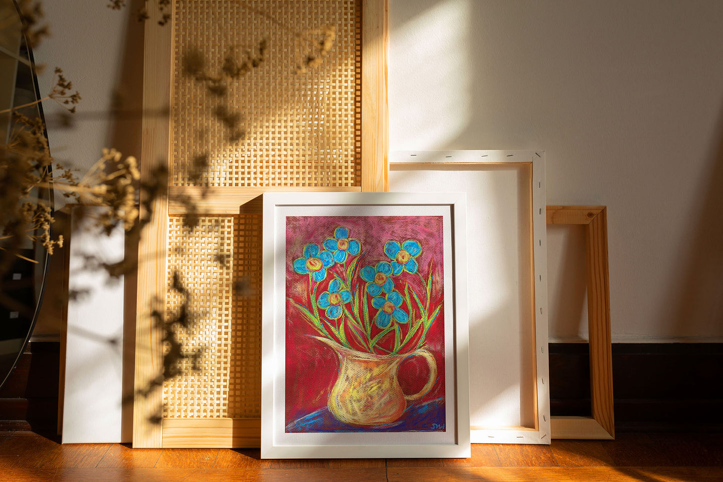 BLUE FLOWERS IN A GOLD JUG floral art print