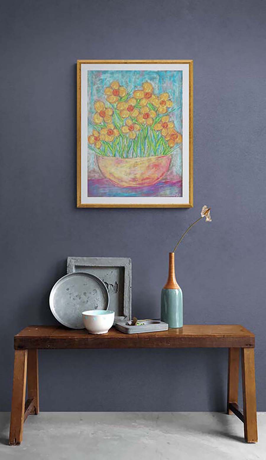 YELLOW FLOWERS IN A TERRACOTTA BOWL floral art print