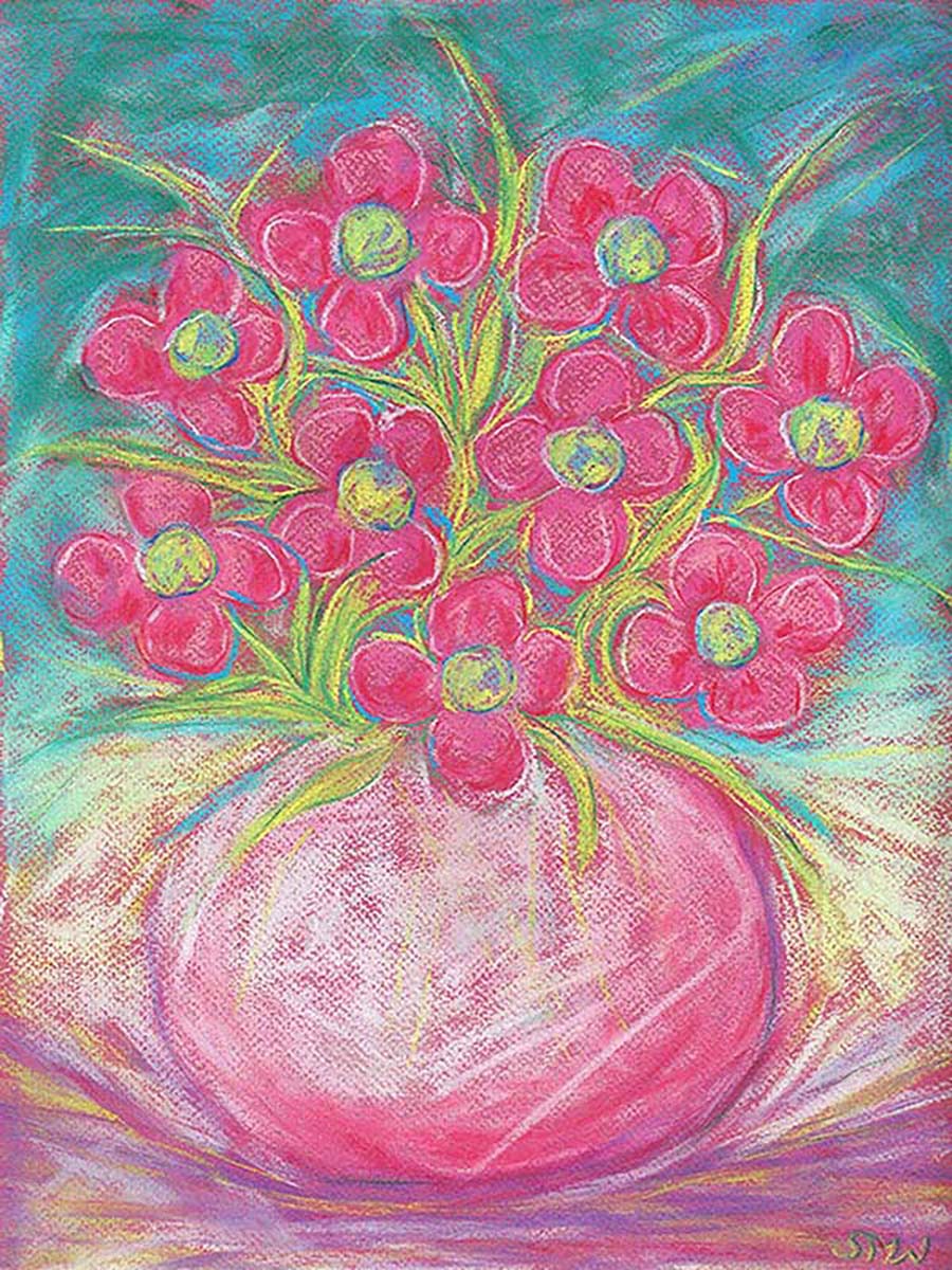 PINK FLOWERS IN A ROUND BOWL floral art print