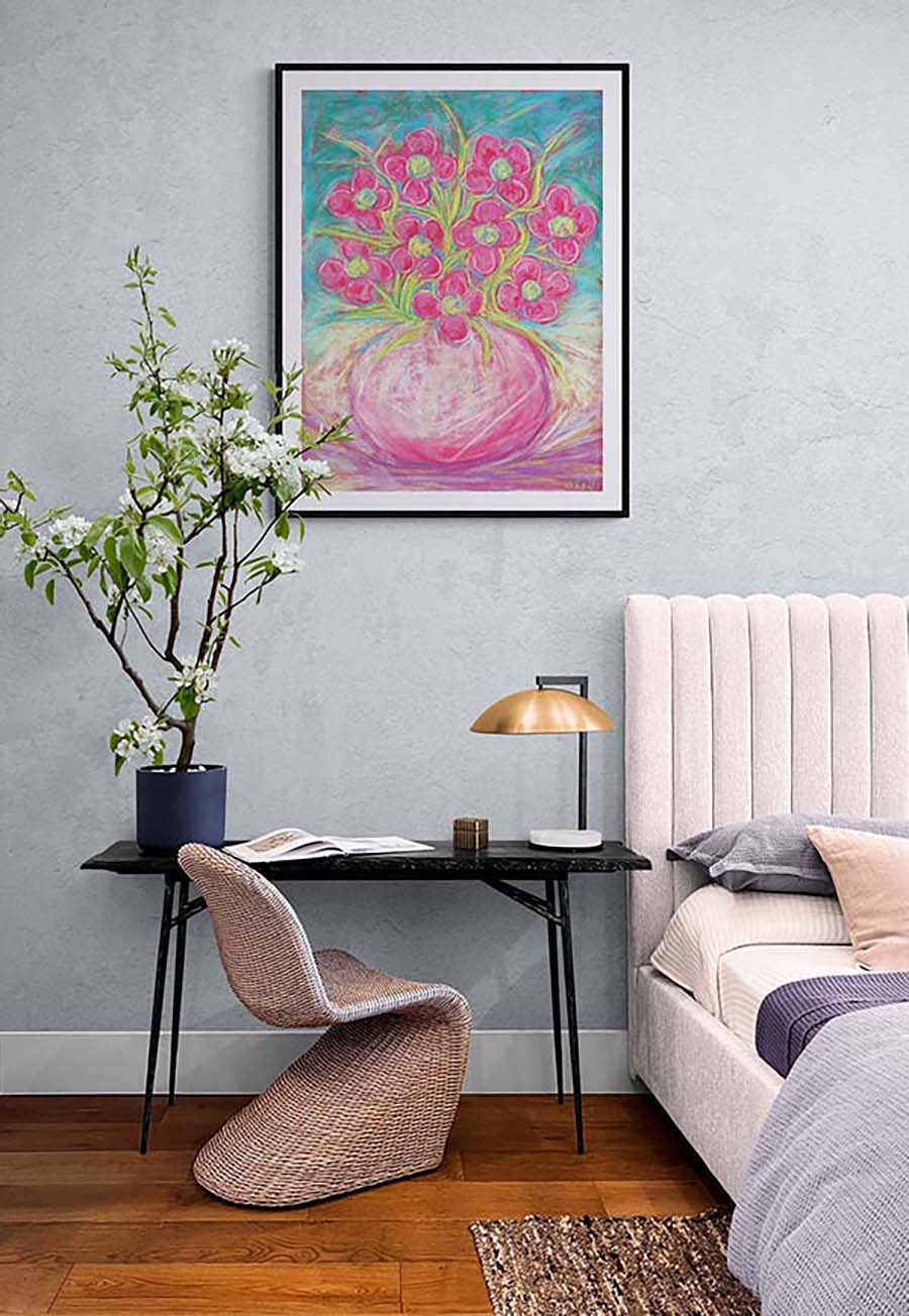 PINK FLOWERS IN A ROUND BOWL floral art print