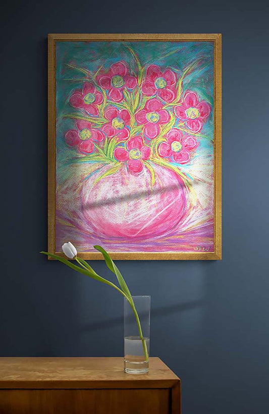 PINK FLOWERS IN A ROUND BOWL floral art print