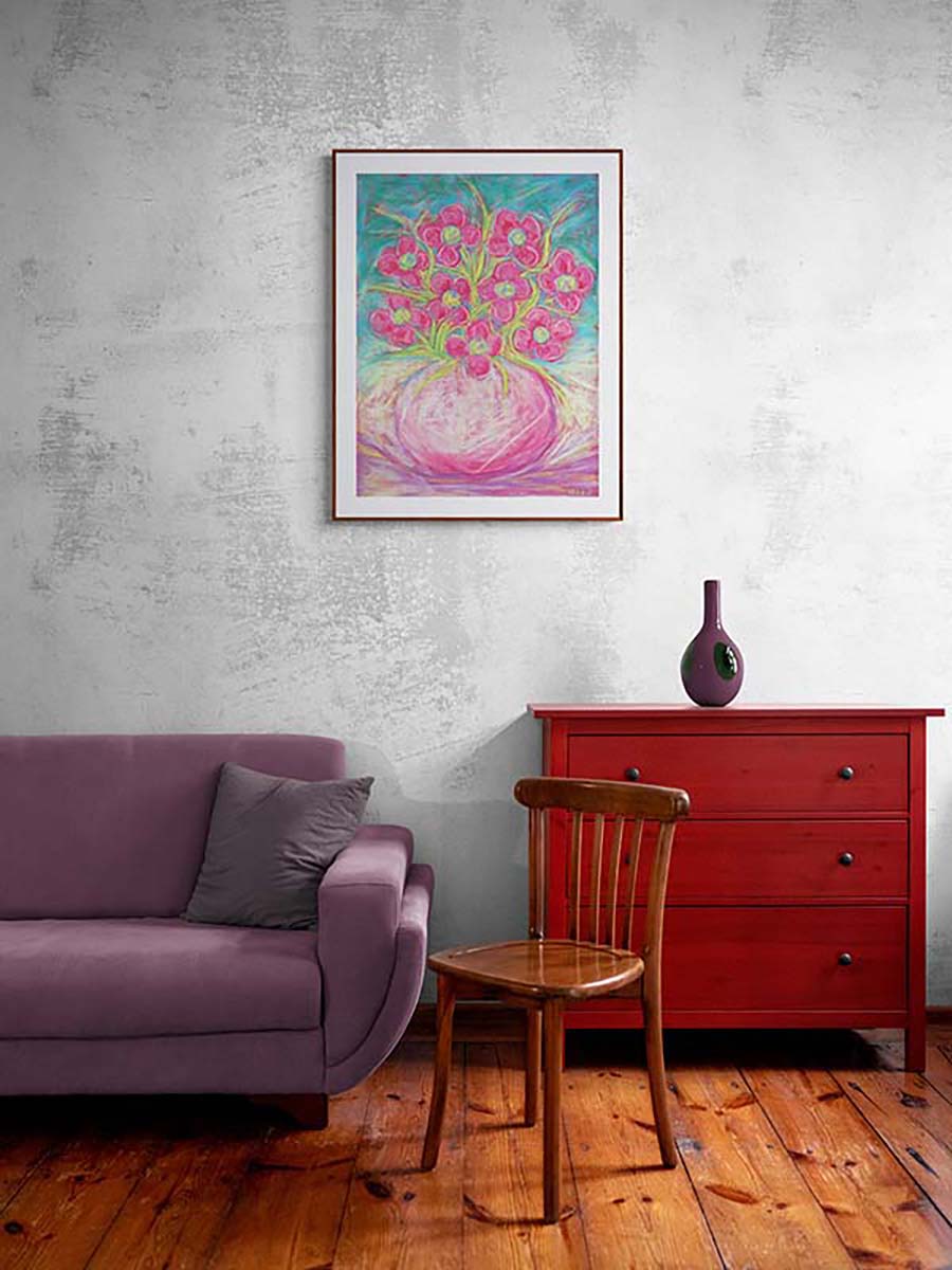 PINK FLOWERS IN A ROUND BOWL floral art print