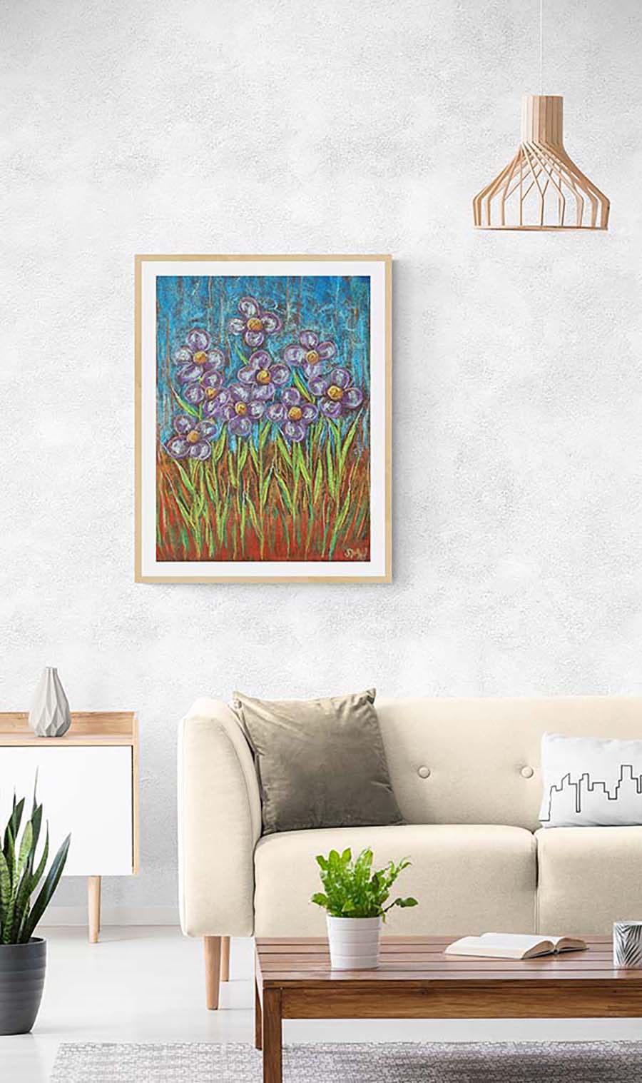 PURPLE FLOWERS ON A BLUE DAY floral art print