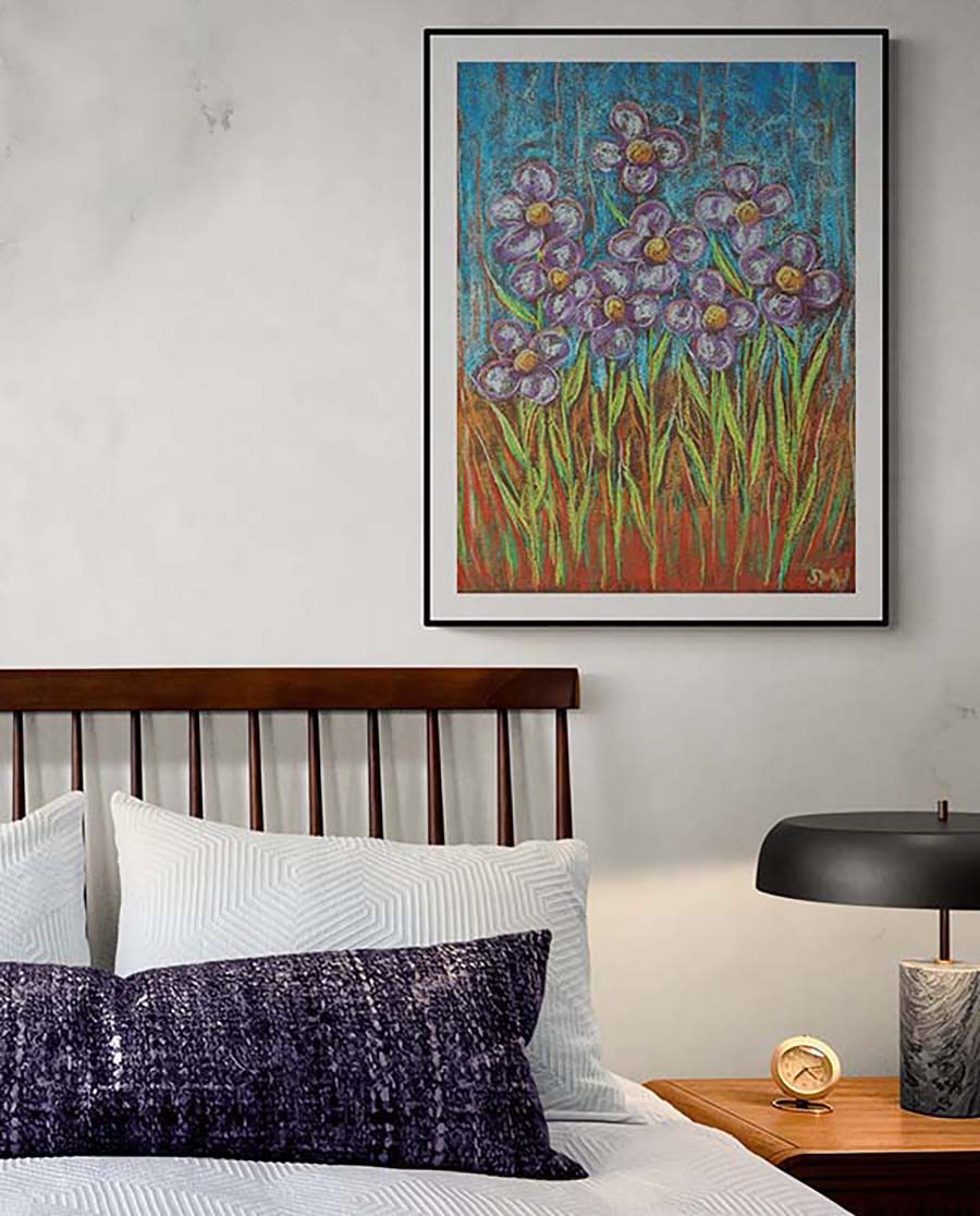 PURPLE FLOWERS ON A BLUE DAY floral art print