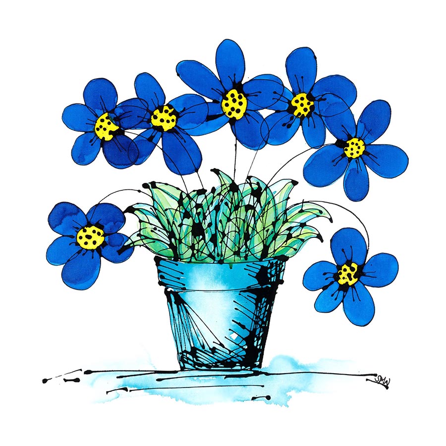 blue floral plant pot SEVEN BLUE FLOWERS IN A TURQUOISE POT by Susan Marie Williams