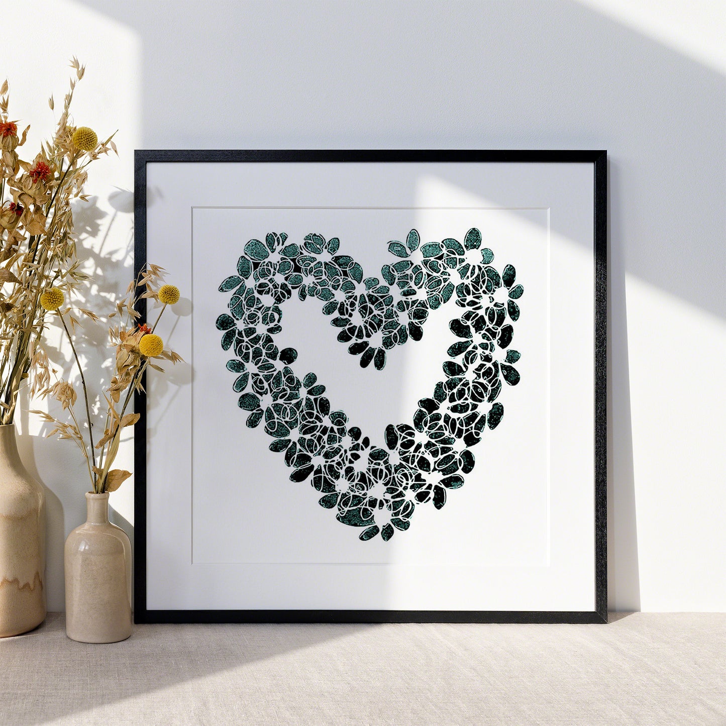 INKY TEAL HEART floral art print