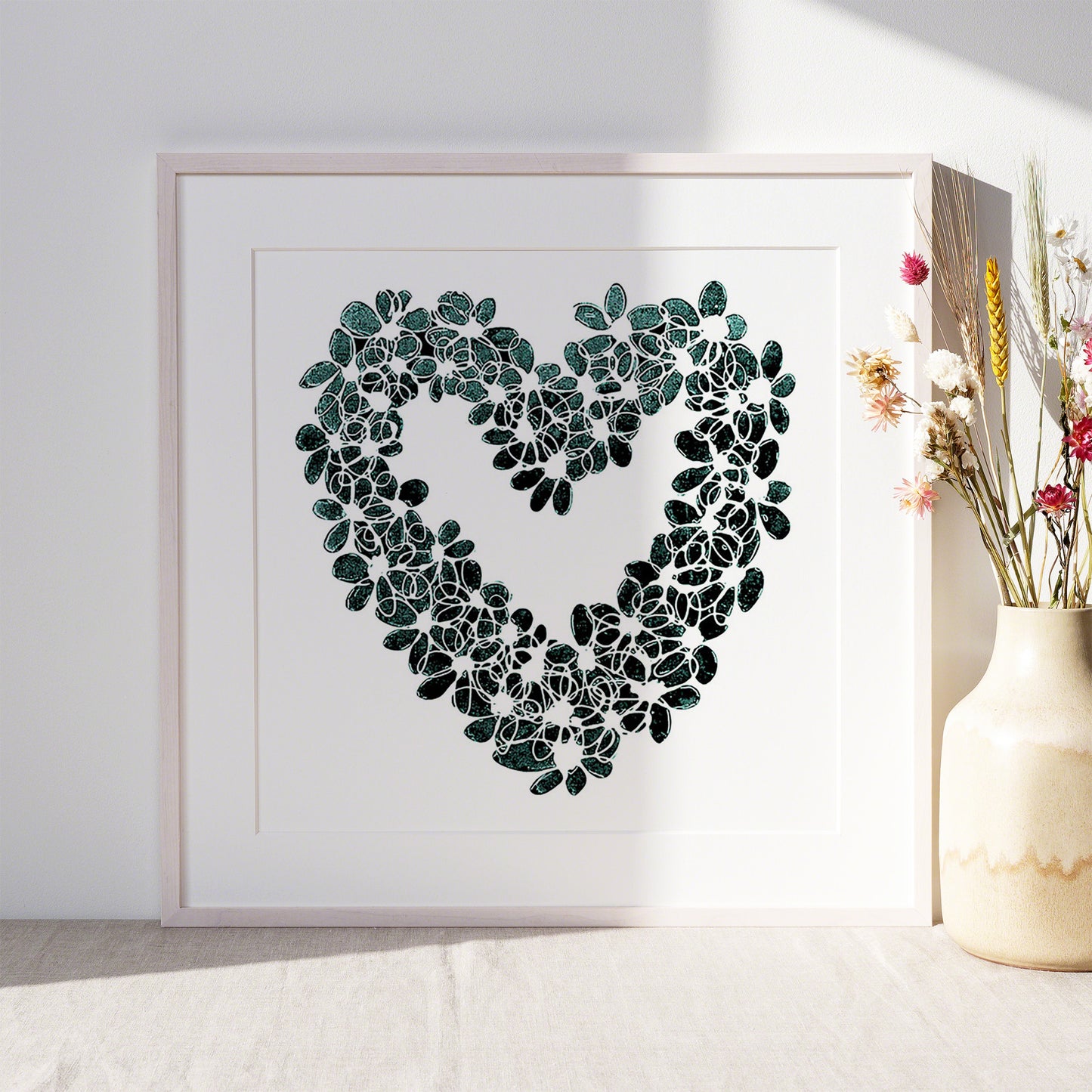 INKY TEAL HEART floral art print