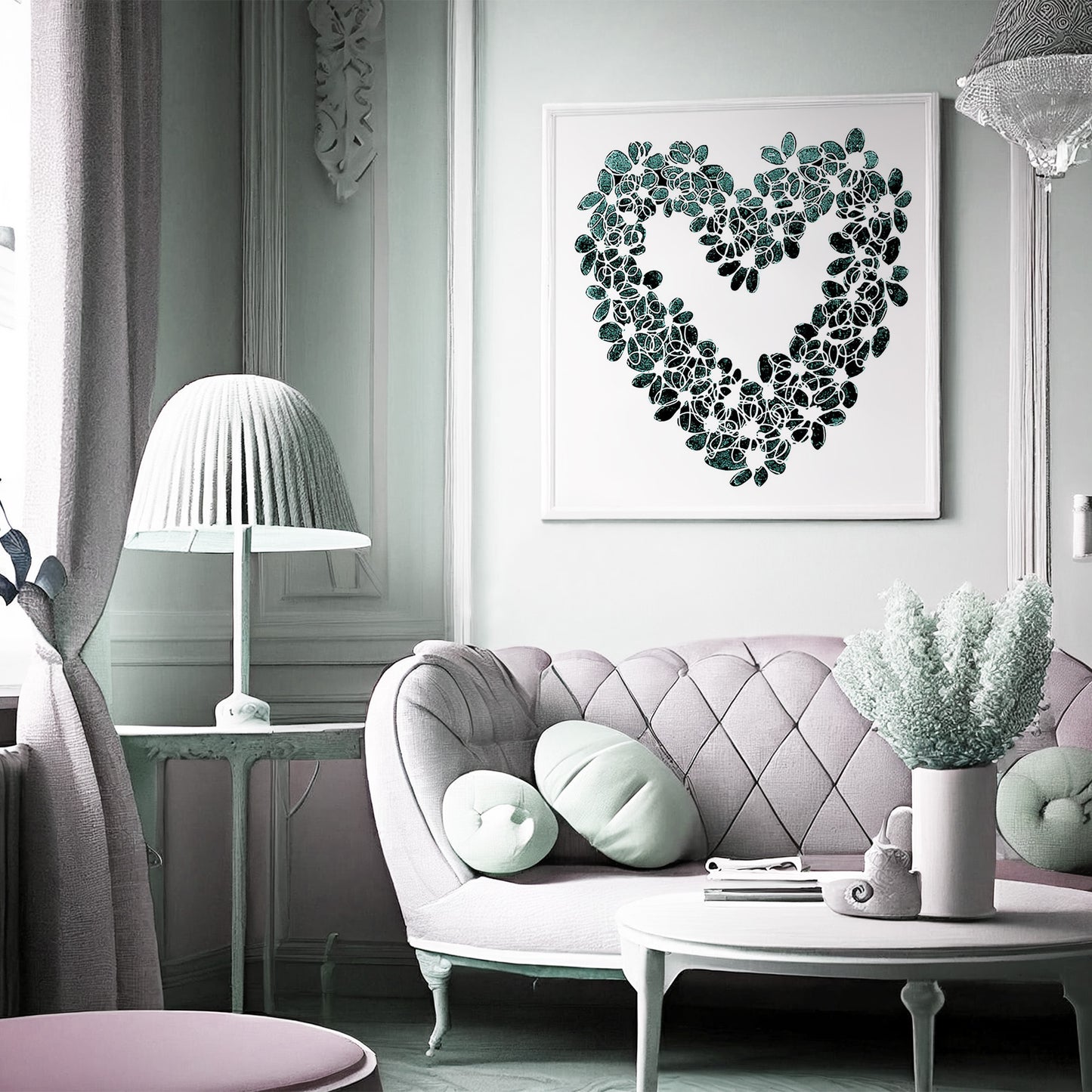 INKY TEAL HEART floral art print