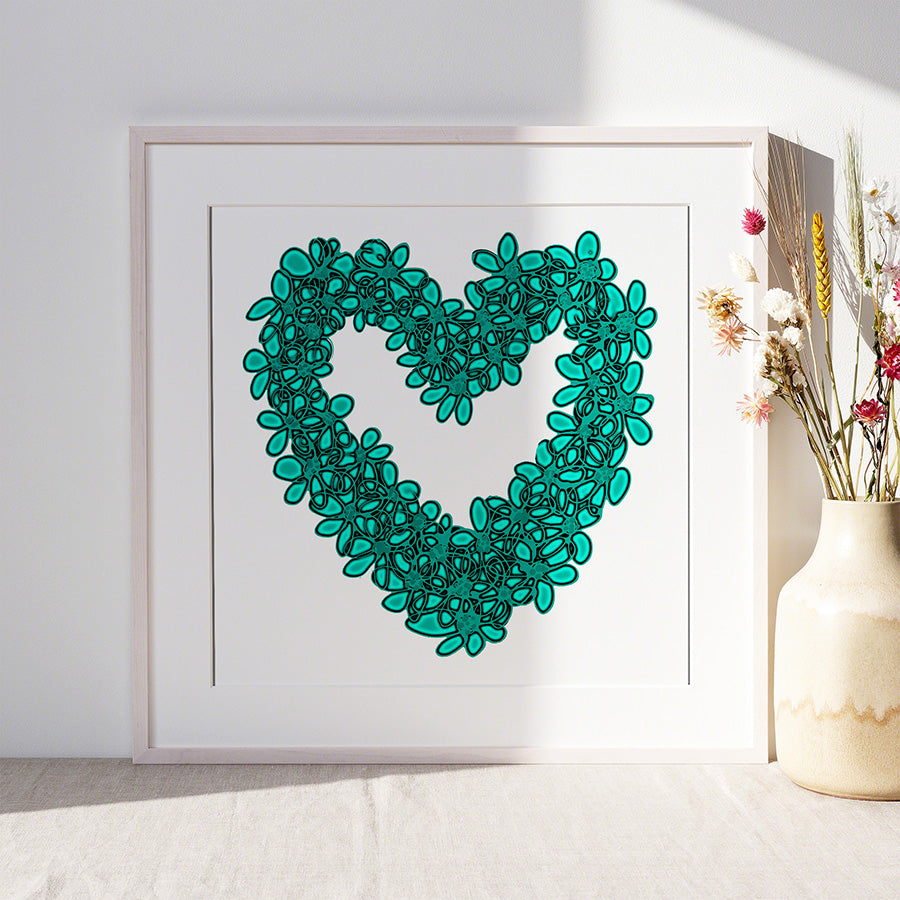 TEAL SEAGLASS HEART floral art print