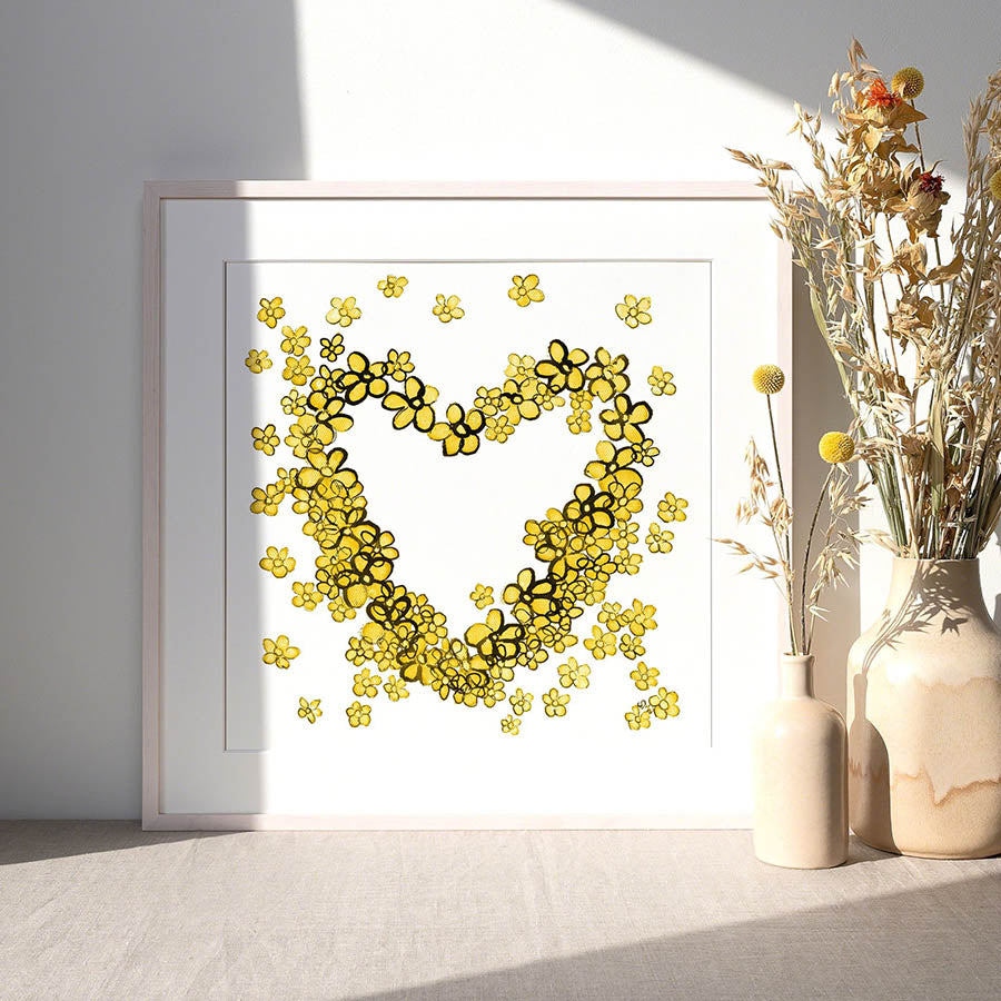 YELLOW FLORAL HEART floral art print