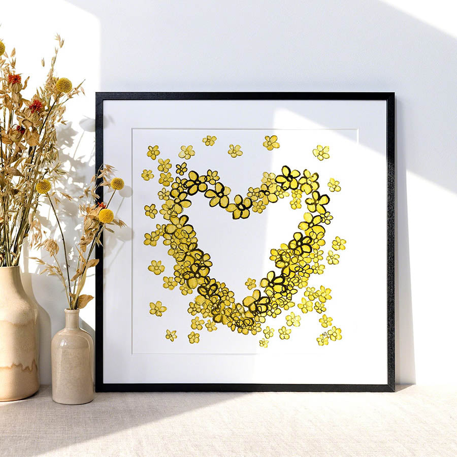 YELLOW FLORAL HEART floral art print