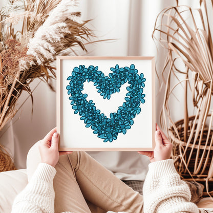 BLUE SEAGLASS HEART floral art print