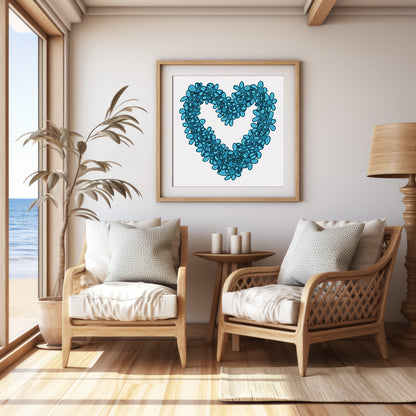 BLUE SEAGLASS HEART floral art print