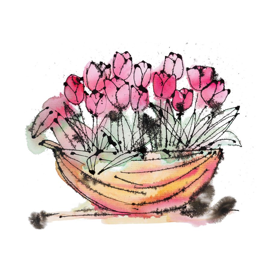 A Trug of Tulips, a floral painting by artist Susan Marie Williams