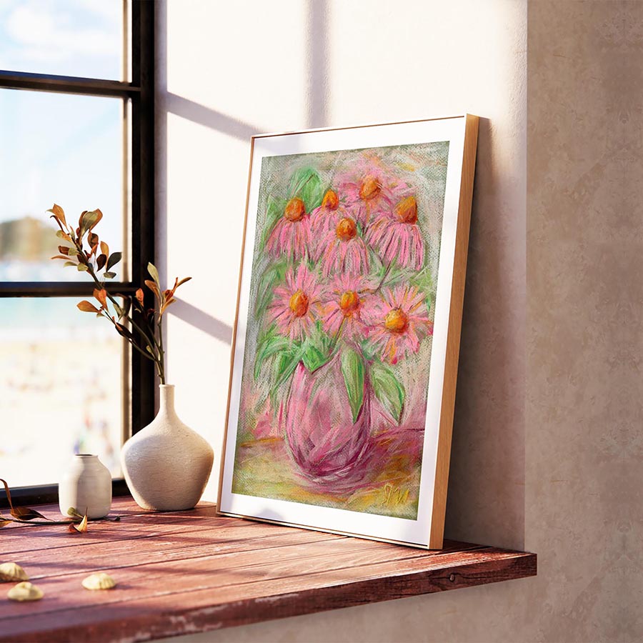 ECHINACEA IN A PINK VASE floral art print