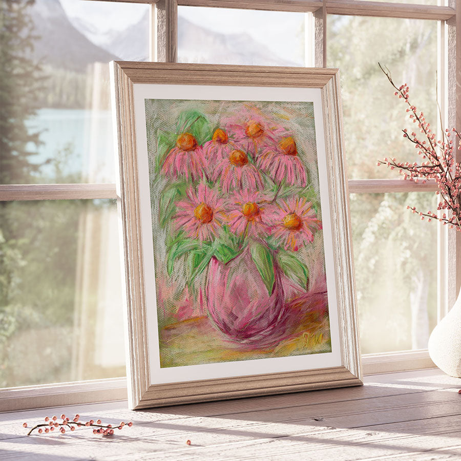 ECHINACEA IN A PINK VASE floral art print