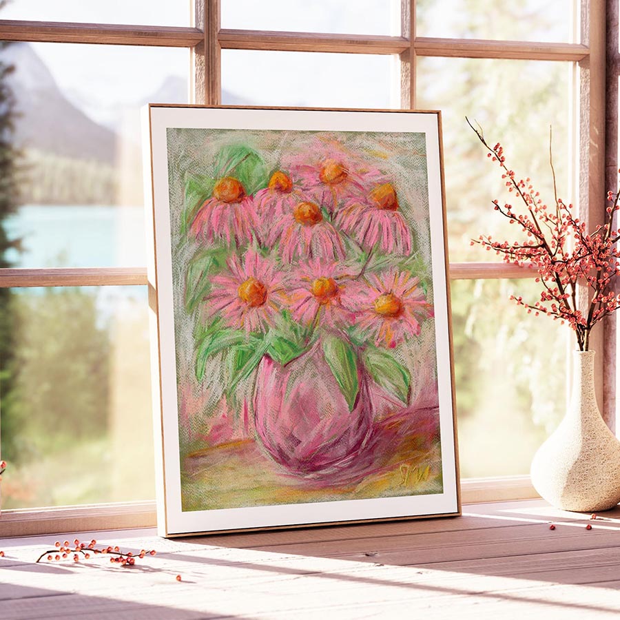 ECHINACEA IN A PINK VASE floral art print